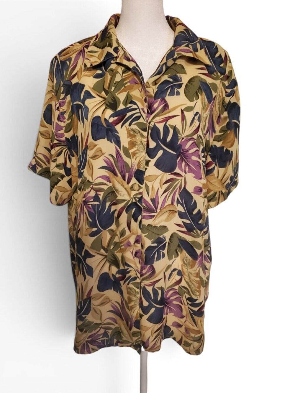 Vintage 80s 90s Monstera Plant Leaf Sheer Short Sleeve Button Up Blouse Top